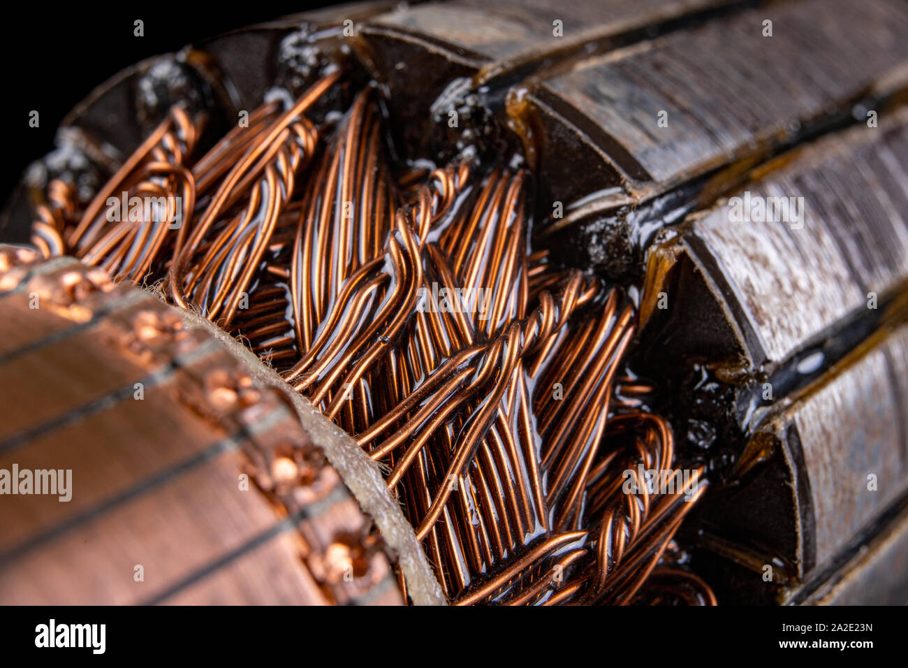 Copper electric motor winding. Electric mechanism rotor. Dark