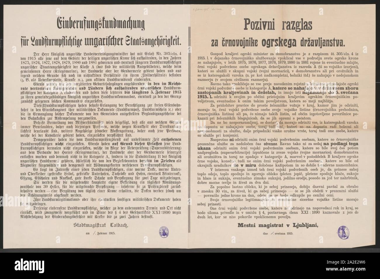 Einberufungskundmachung - Laibach - Mehrsprachiges Plakat 1915. Stock Photo