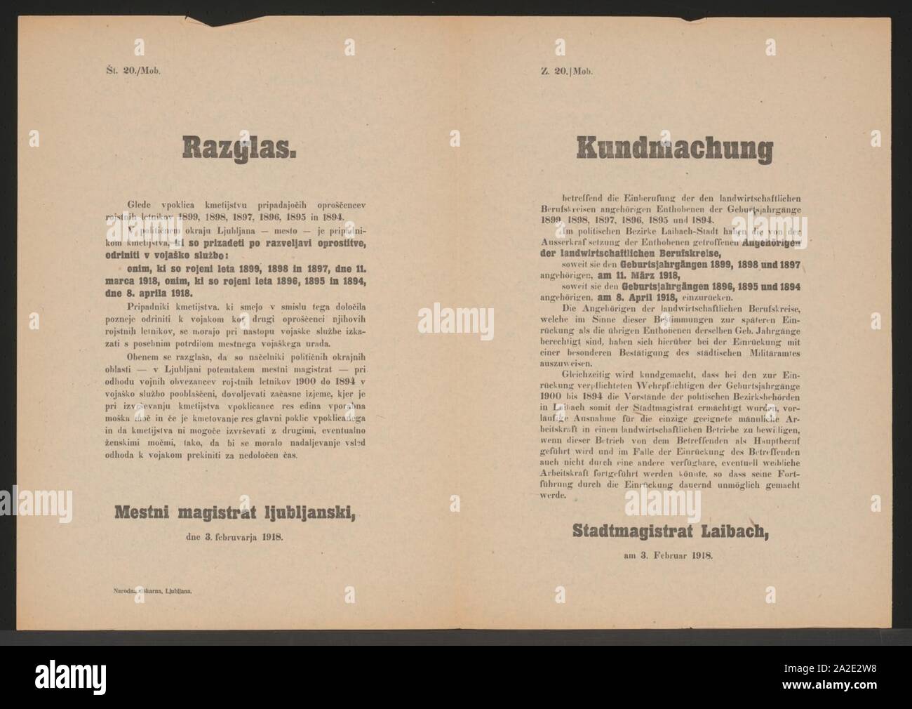 Einberufung der bisher Enthobenen - Kundmachung - Laibach - Mehrsprachiges Plakat 1918. Stock Photo