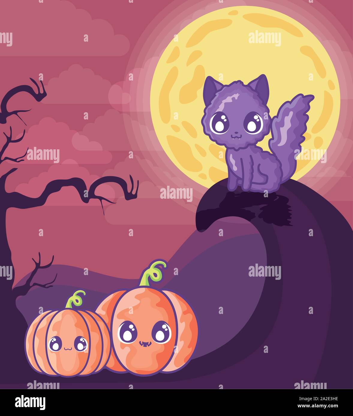 cute cat with pumpkin on halloween scene vector illustration design ...