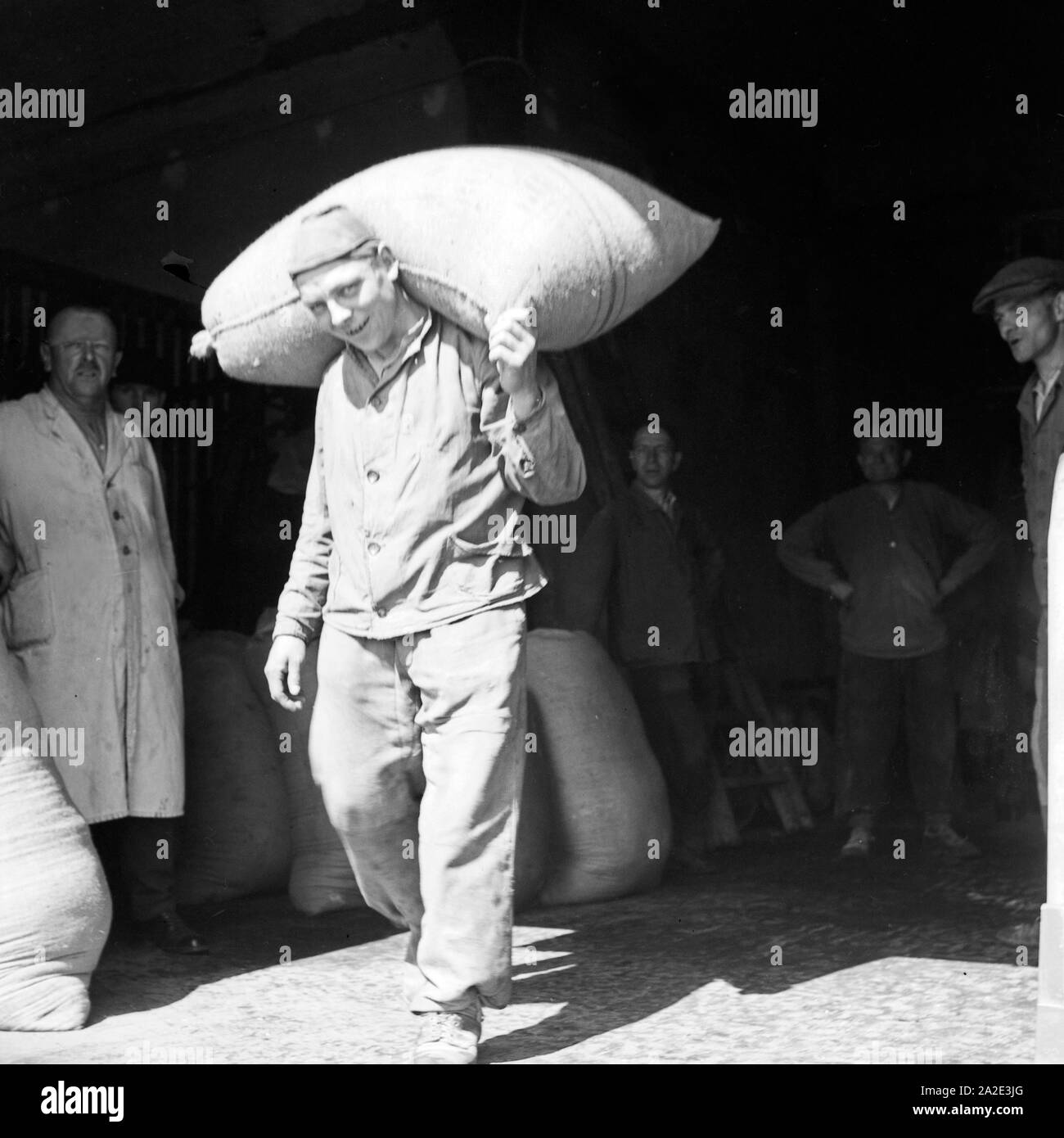 Ein Lagerarbeiter schleppt einen Sack aus dem Lagerhaus, seine Kollegen schauen zu, Deutschland 1930er Jahre. A warehouseman carrying a sack out iof a warehouse while his colleagues laugh and comment, Germany 1930s. Stock Photo