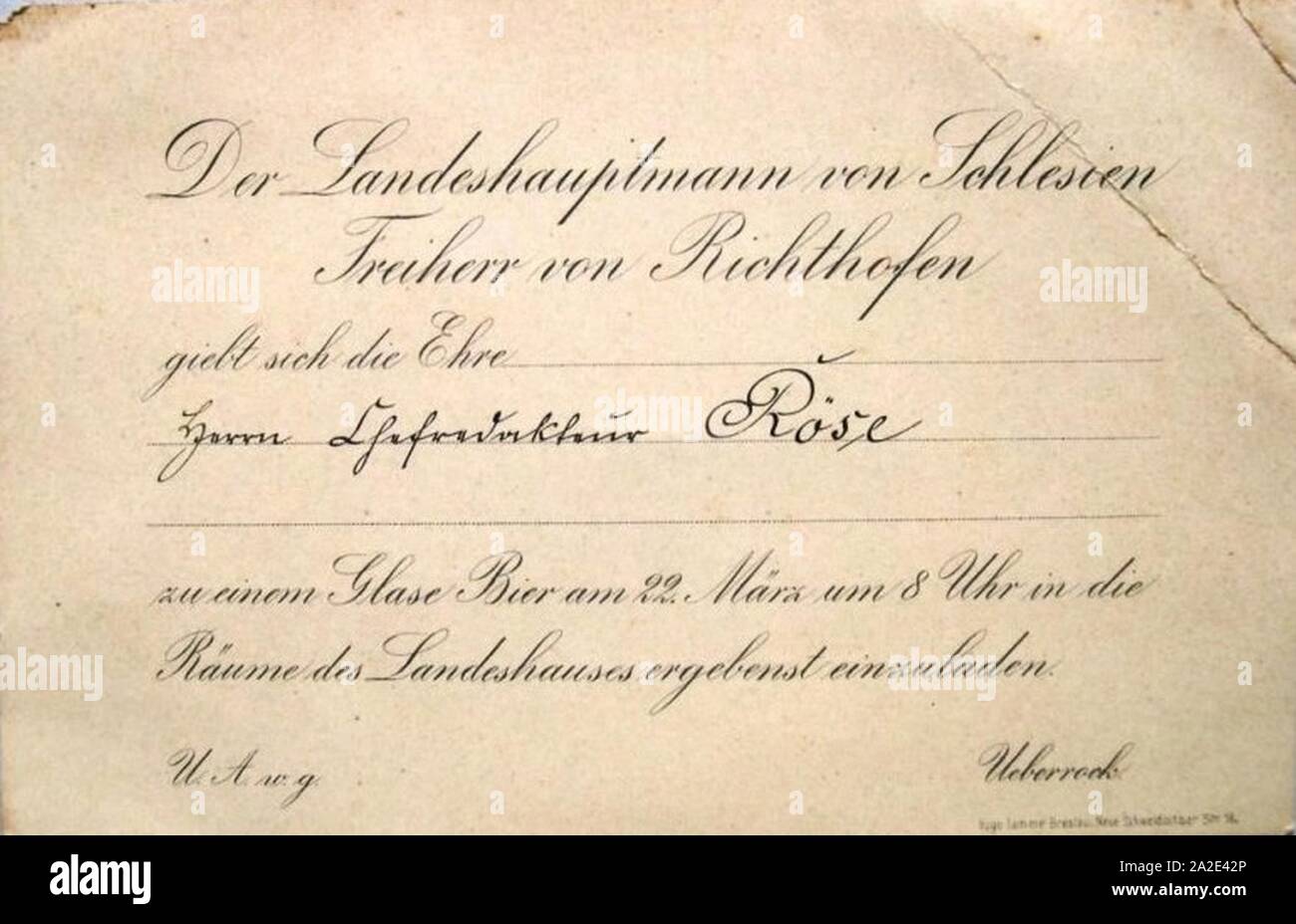 Einladungskarte an Otto Röse von Karl Hermann Freiherr von Richthofen. Stock Photo