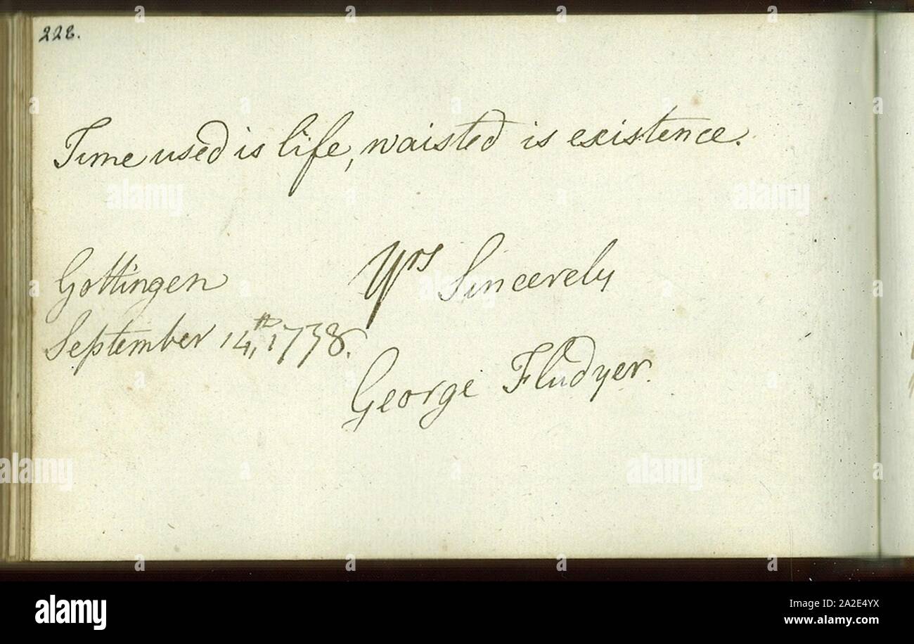 Eintrag George Fludyer in Stammbuch Johan David af Sandeberg 1778. Stock Photo