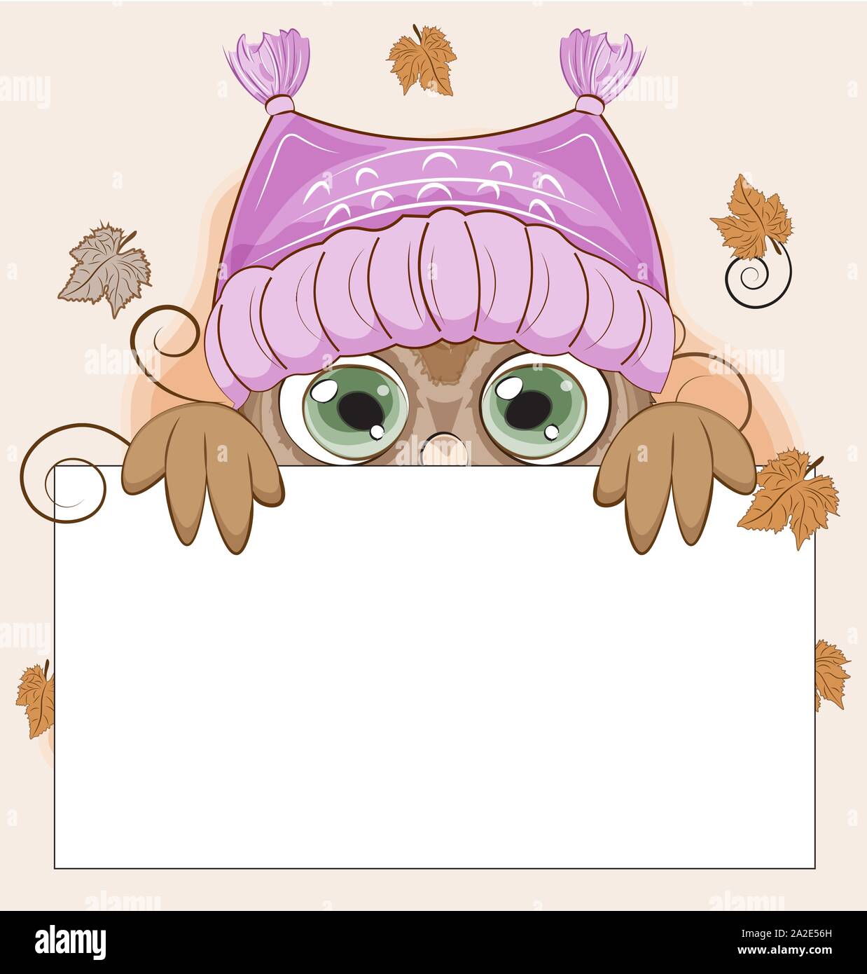 Autumn Owl with green eyes on a branch in hat frame The picture Autumn Owl with green eyes on a branch in hat frame The picture