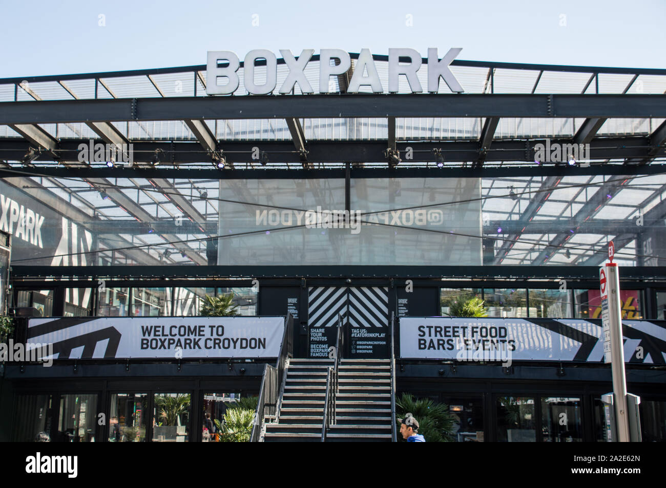Boxpark popup food, drink and entertainment shipping container stack