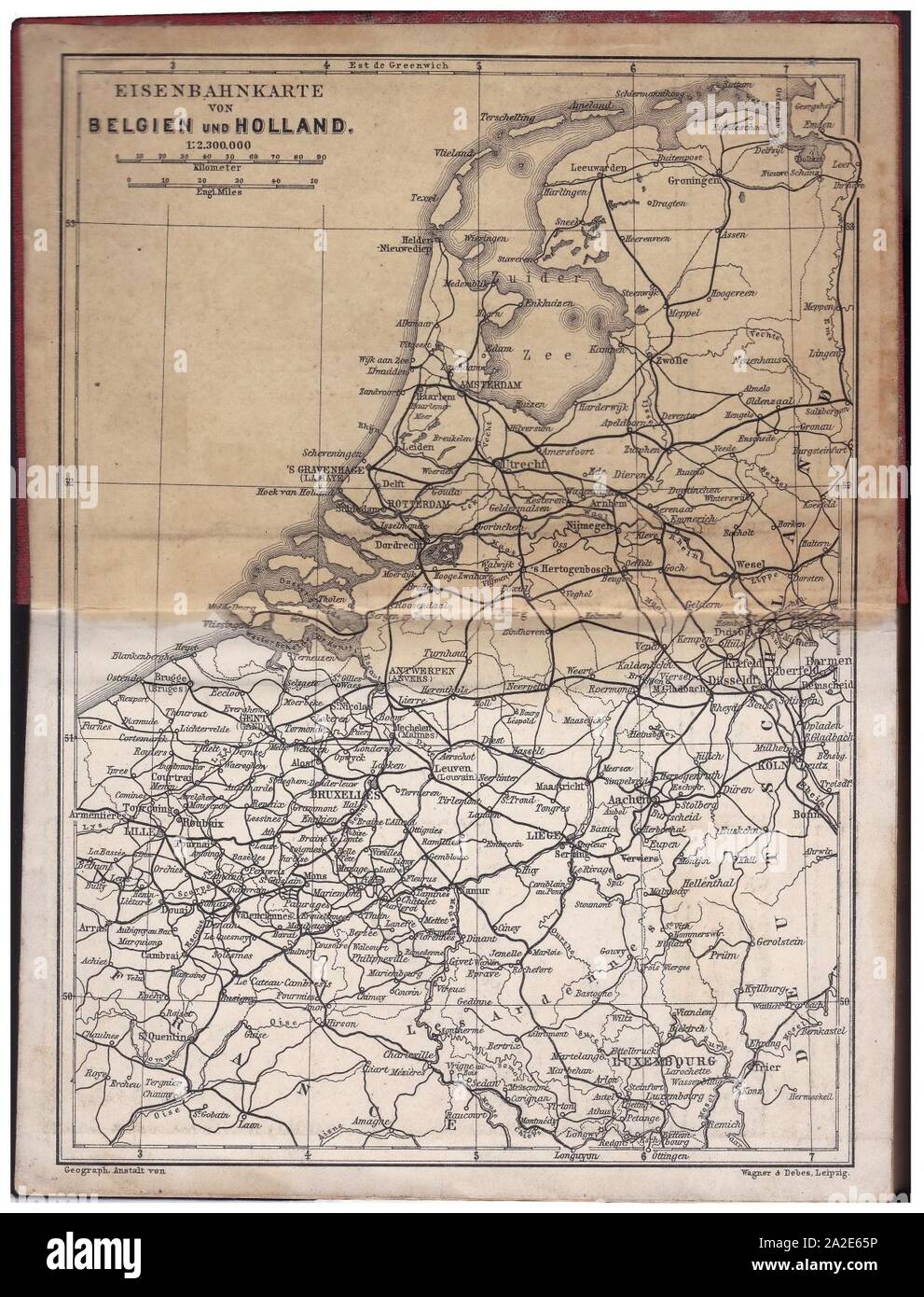 Eisenbahnkarte von Belgien und den Niederlanden (carte ferrovaire BENELUX 1897). Stock Photo