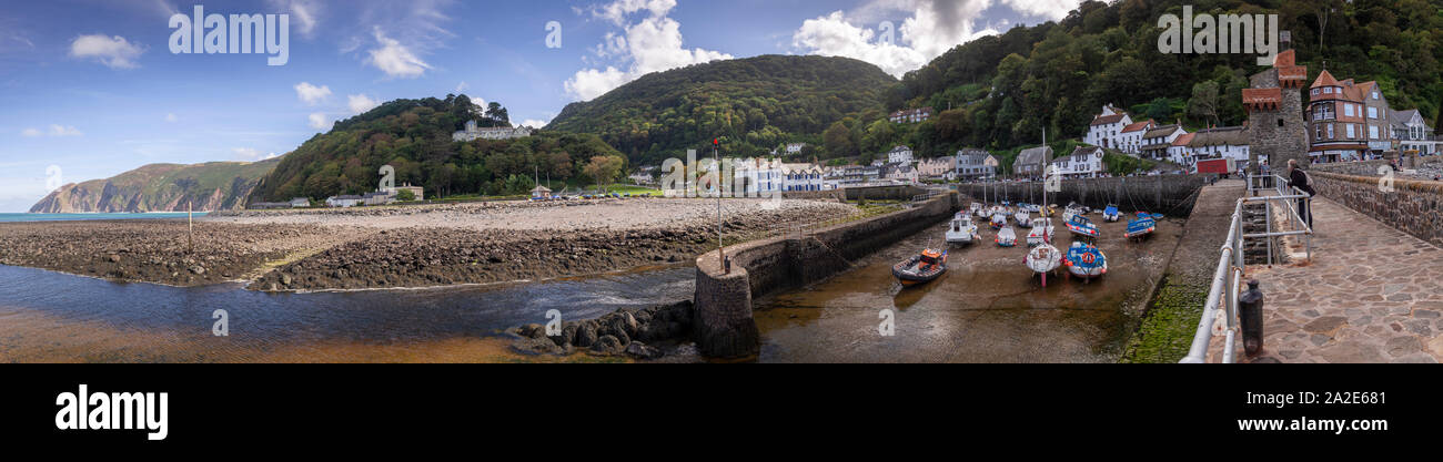 Panoramic view of Lynmouth harbour on the north Devon Coast Stock Photo