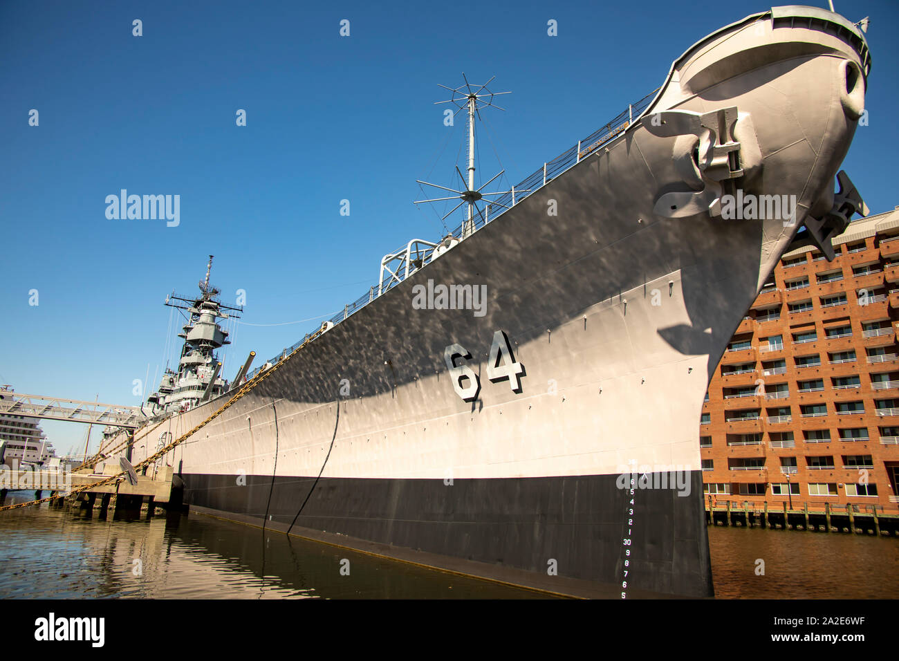 Norfolk, VA - September 25, 2019 :  Decomissioned Iowa class battleship USS Wisconsin along waterfront of Norfolk, Virginia, USA. Stock Photo