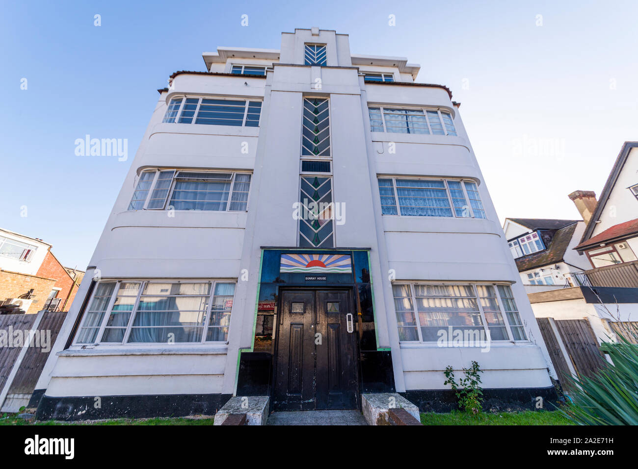 Sunray House art deco architecture flats building in Westcliff on Sea, Southend, Essex, UK. 1930s white property in Canewdon Road. By O H Cockrill Stock Photo
