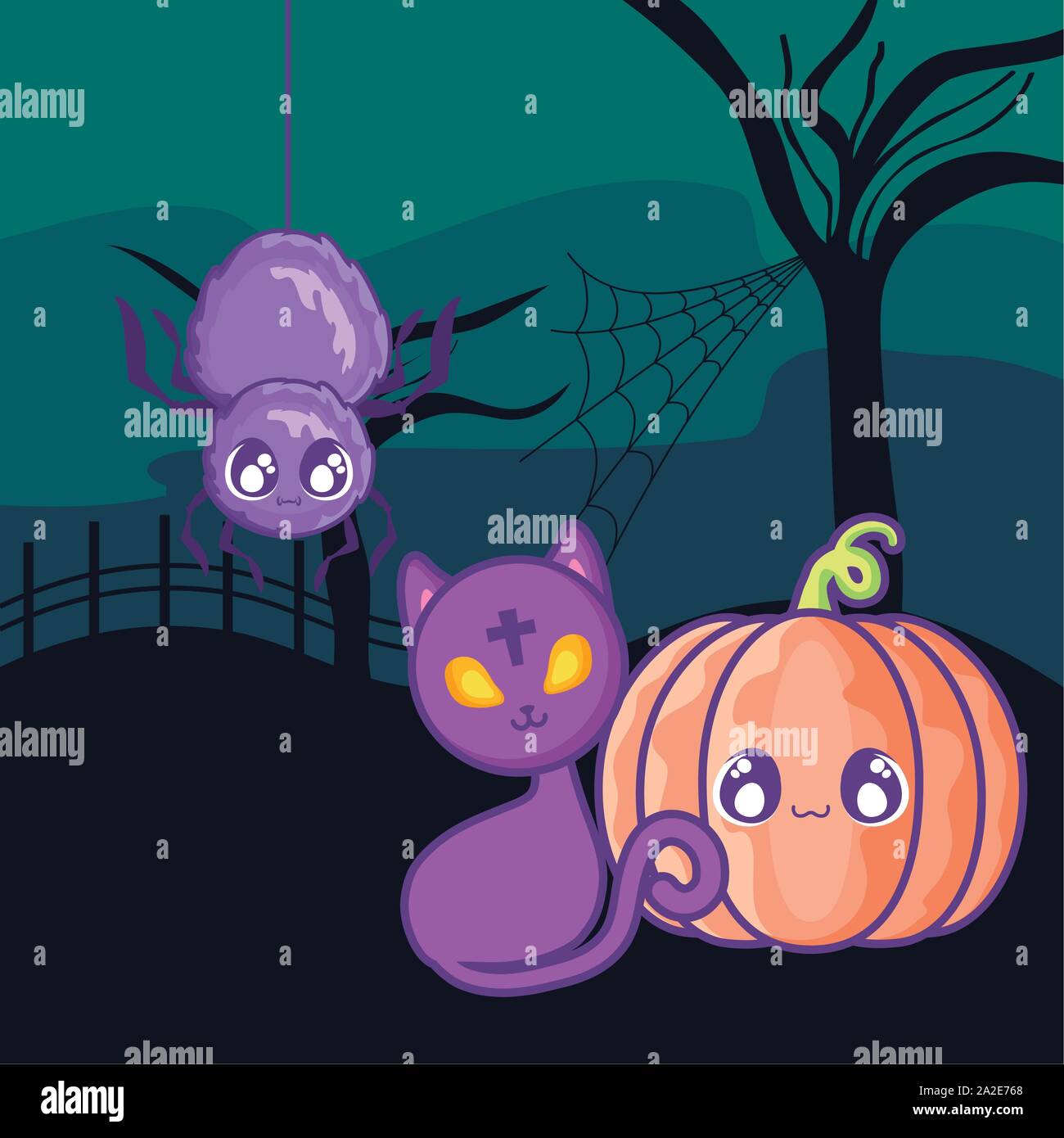 cute cat with pumpkin on halloween scene vector illustration design ...