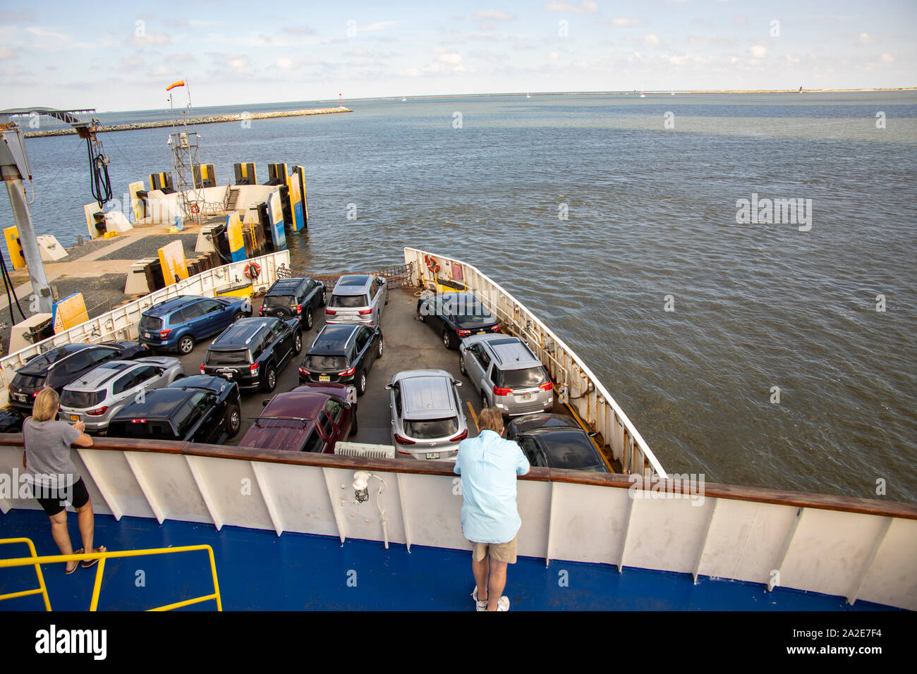 Lewes, Delaware - September 27, 2019 :  Passengers and cars on Cape May - Lewes ferry boat at dock. Stock Photo