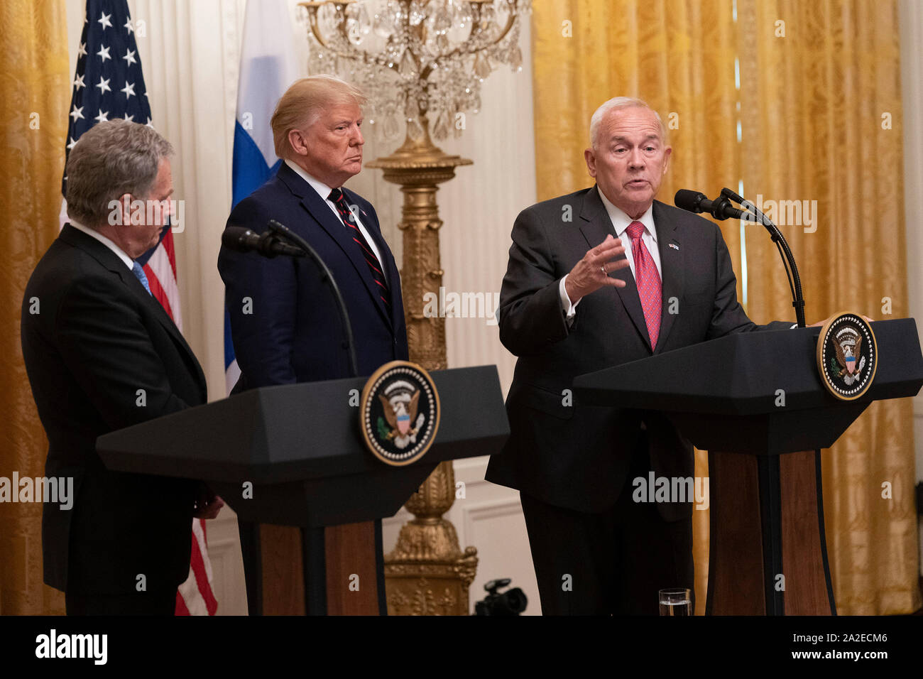 United States Ambassador to Finland Robert Frank Pence, right, makes a statement on the return of remains of Hopi Indians from Finland during a joint news conference with US President Donald J. Trump, center, and President Sauli Niinisto of Finland, left, at the White House in Washington, DC on Wednesday, October 2, 2019.Credit: Chris Kleponis/Pool via CNP/MediaPunch Stock Photo
