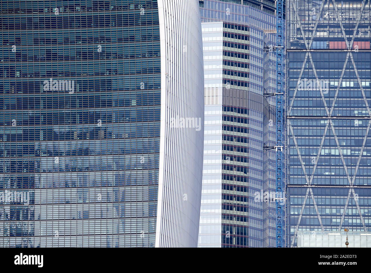 Close-up of three recent additions to the City of London skyline (from left the Walkie-Talkie, 22 Bishopsgate and the Cheesegrater) Stock Photo