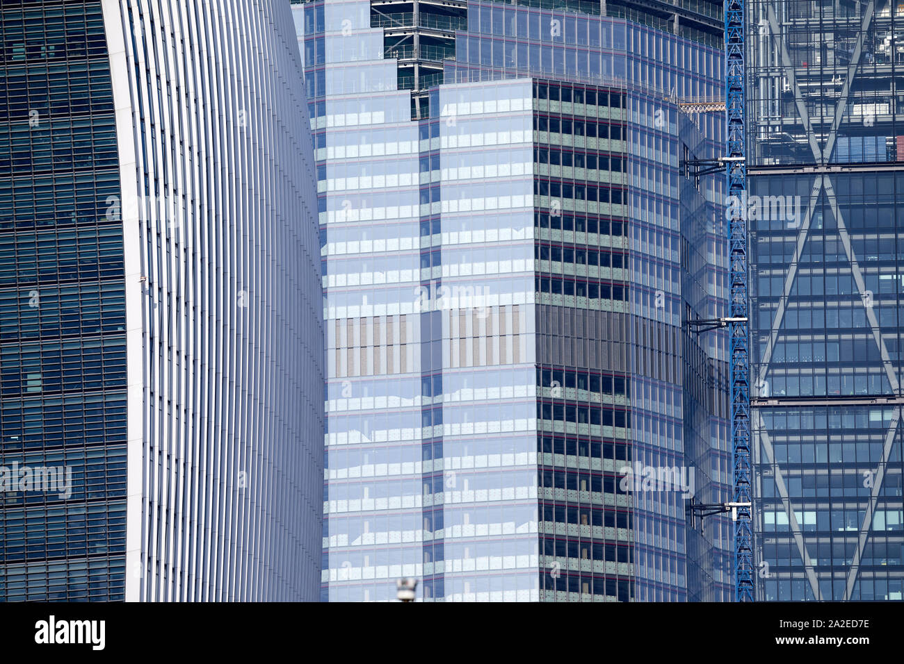 Close-up of three recent additions to the City of London skyline (from left the Walkie-Talkie, 22 Bishopsgate and the Cheesegrater) Stock Photo