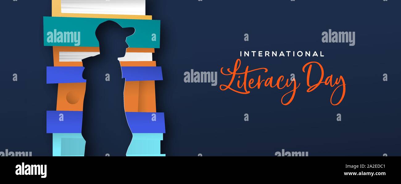 Literacy Day papercut banner illustration of man silhouette cutout from book pile. Education concept for knowledge importance. Stock Vector