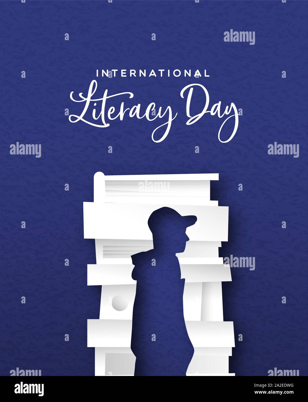 Literacy Day papercut card illustration of man silhouette cutout from book pile. Education concept for knowledge importance. Stock Vector