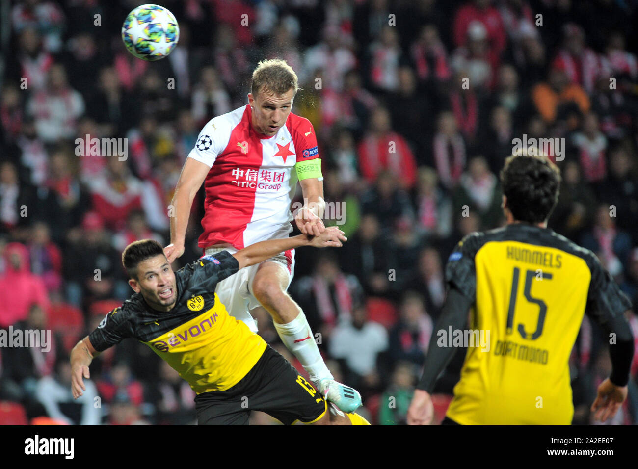 Prague, Czech Republic. 02nd Oct, 2019. SK Slavia Prague team pose prior to  the UEFA Champions League match SK Slavia Prague vs Borussia Dortmund,  second round of basic group F, on October