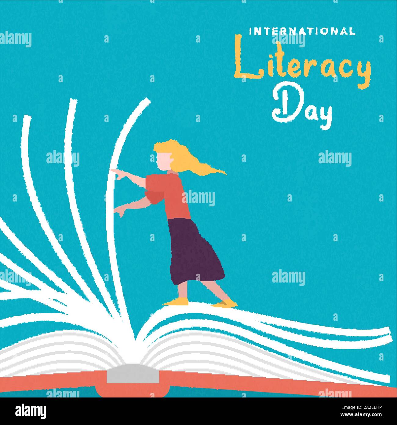 International Literacy Day illustration of girl turning book pages. Children knowledge concept for education and learning event. Stock Vector