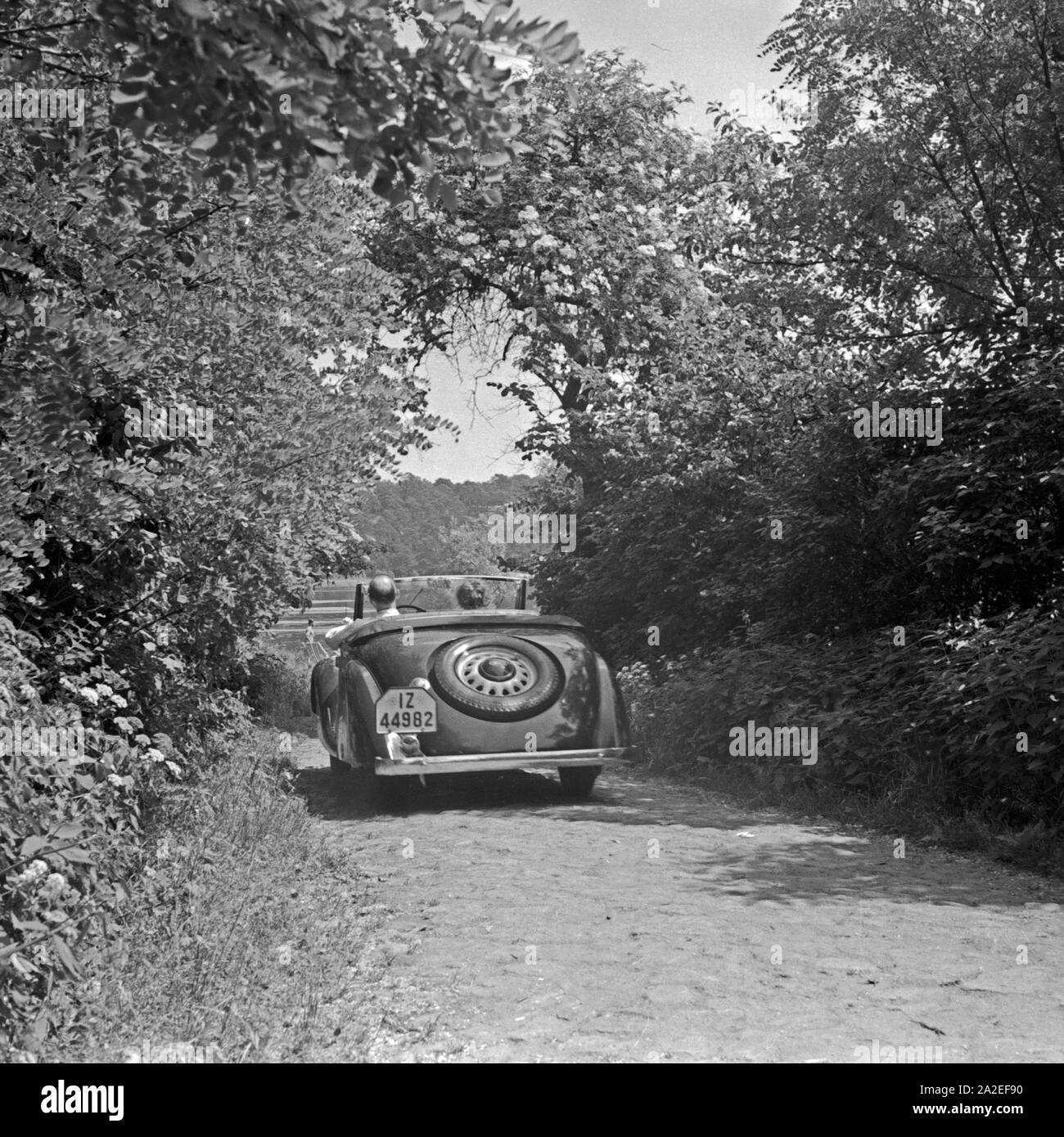 Werbefoto für den Personenkraftwagen Ford Eifel mit einem Paar bei einer Fahrt durch den Wald, Deutschland 1935. Commercial photo for the passenger car Ford Eifel with couple driving through a forest, Germany 1935. Stock Photo