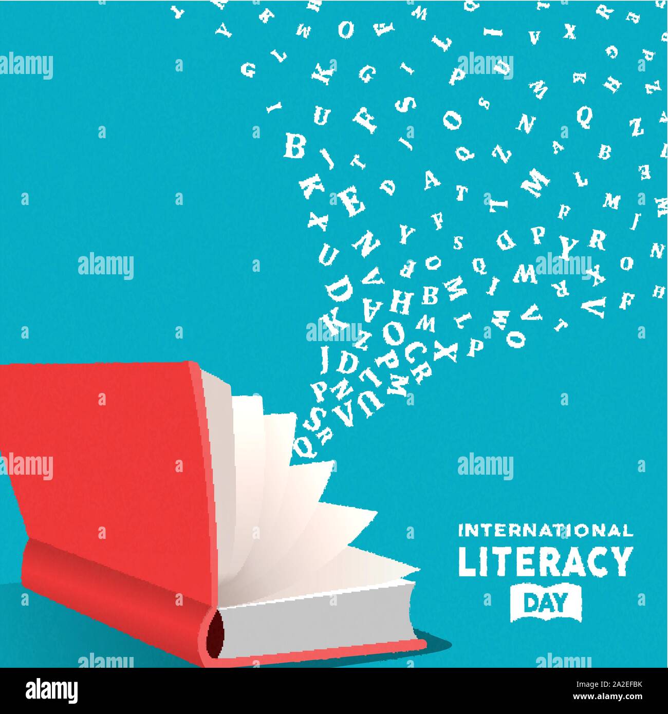 Literacy Day illustration of open book with alphabet letter symbols. Education concept for school children learning. Stock Vector