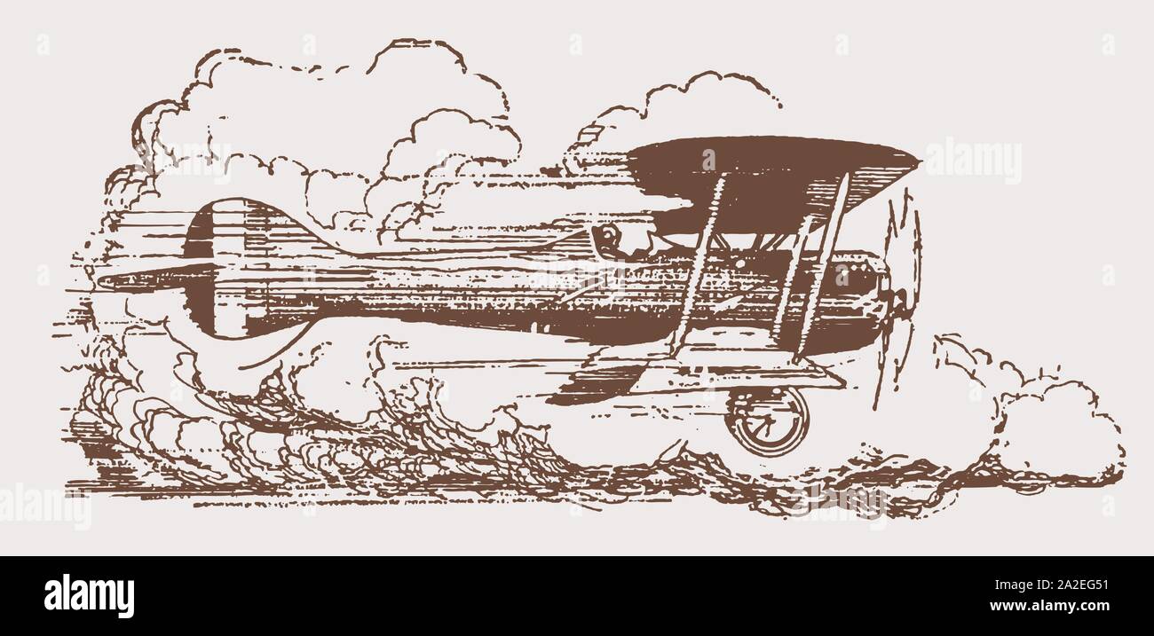 Historic biplane in side view flying at high speed in front of large cumulus clouds. Illustration after a lithography from the early 20th century Stock Vector