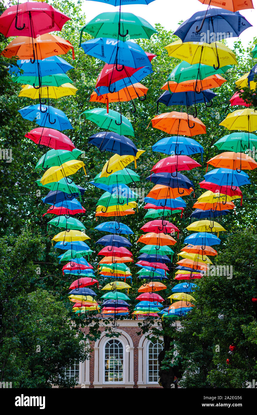 Hundreds of colourful umbrellas in Liverpool city centre, known as the