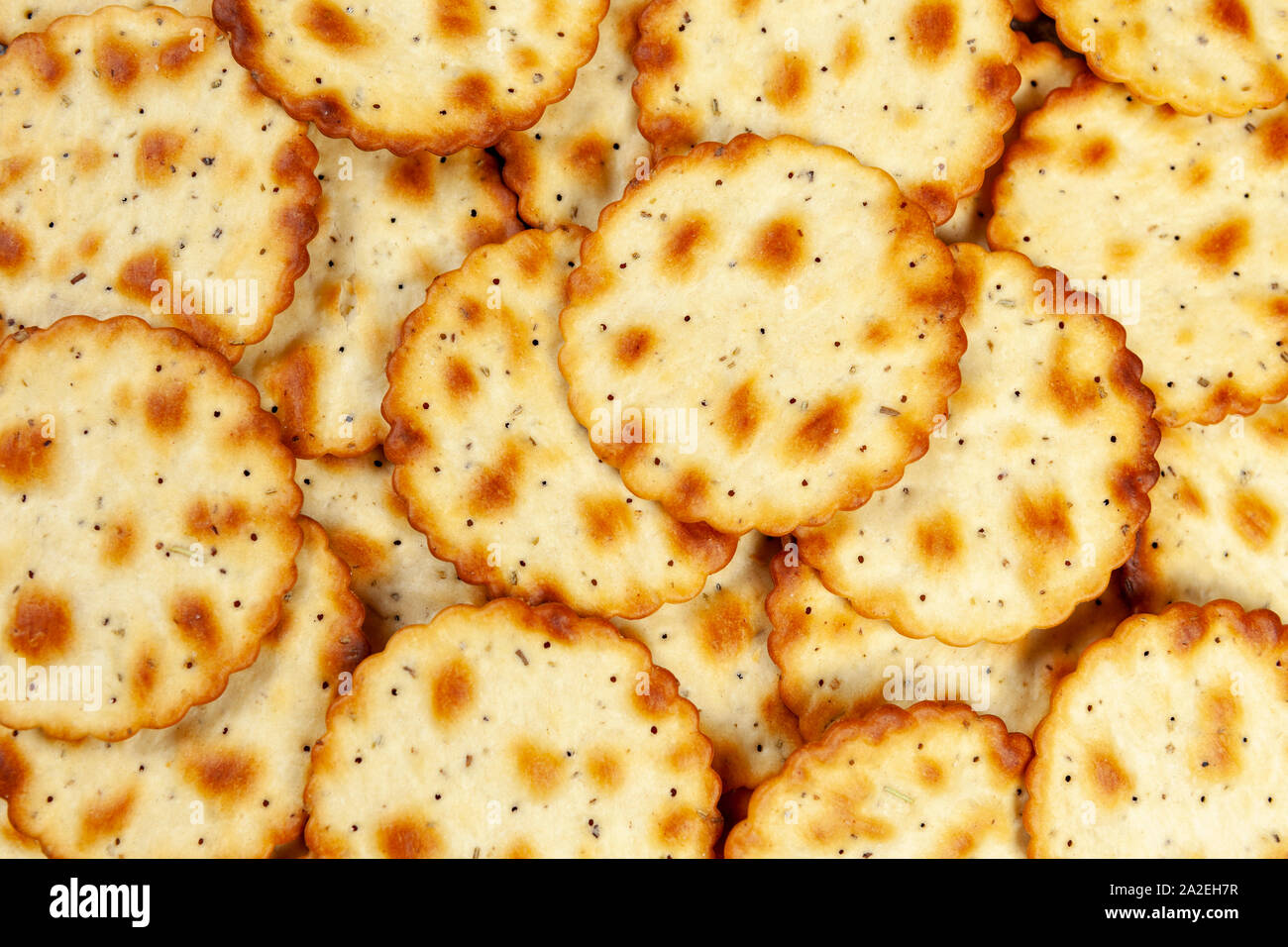 Background of wafer thin golden brown round crackers seasoned with