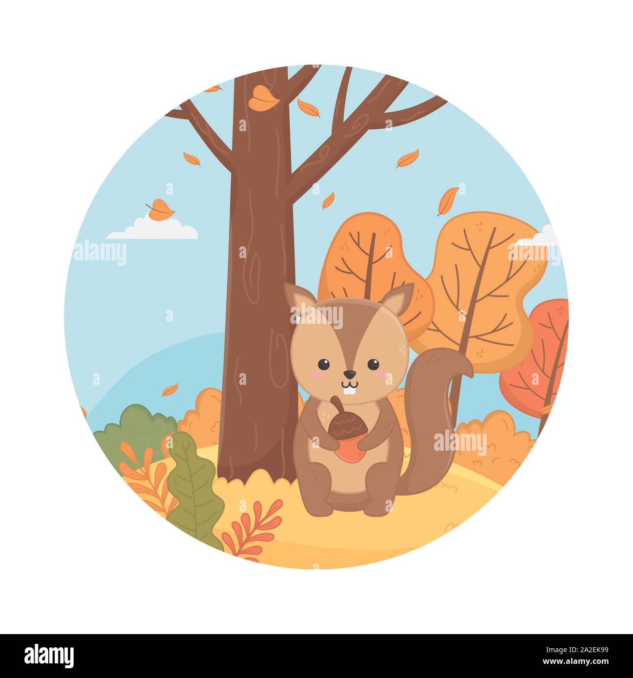 cute squirrel with acorn tree leaves foliage hello autumn vector ...