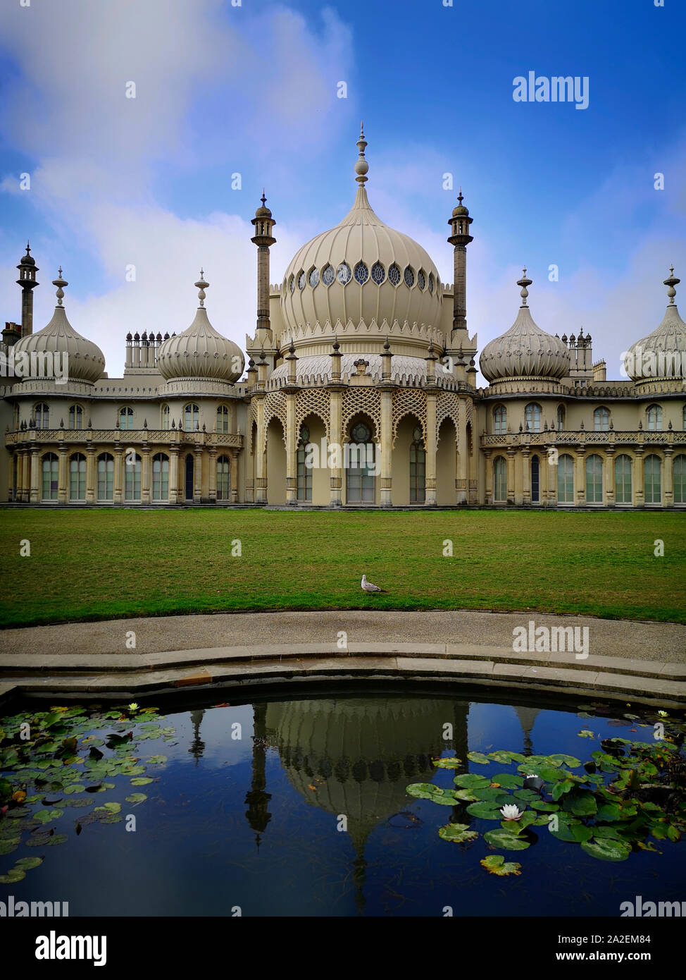 A lone seagull in front of the Royal Pavilion, also known as the Brighton Pavilion, is a former royal residence located in Brighton, Sussex, England. Stock Photo
