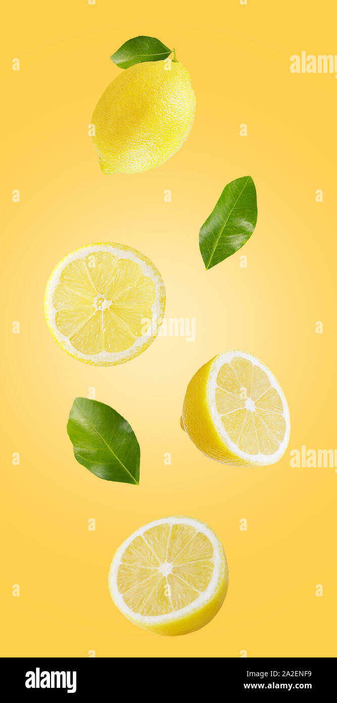 Fresh falling yellow lemons isolated on red background Stock Photo