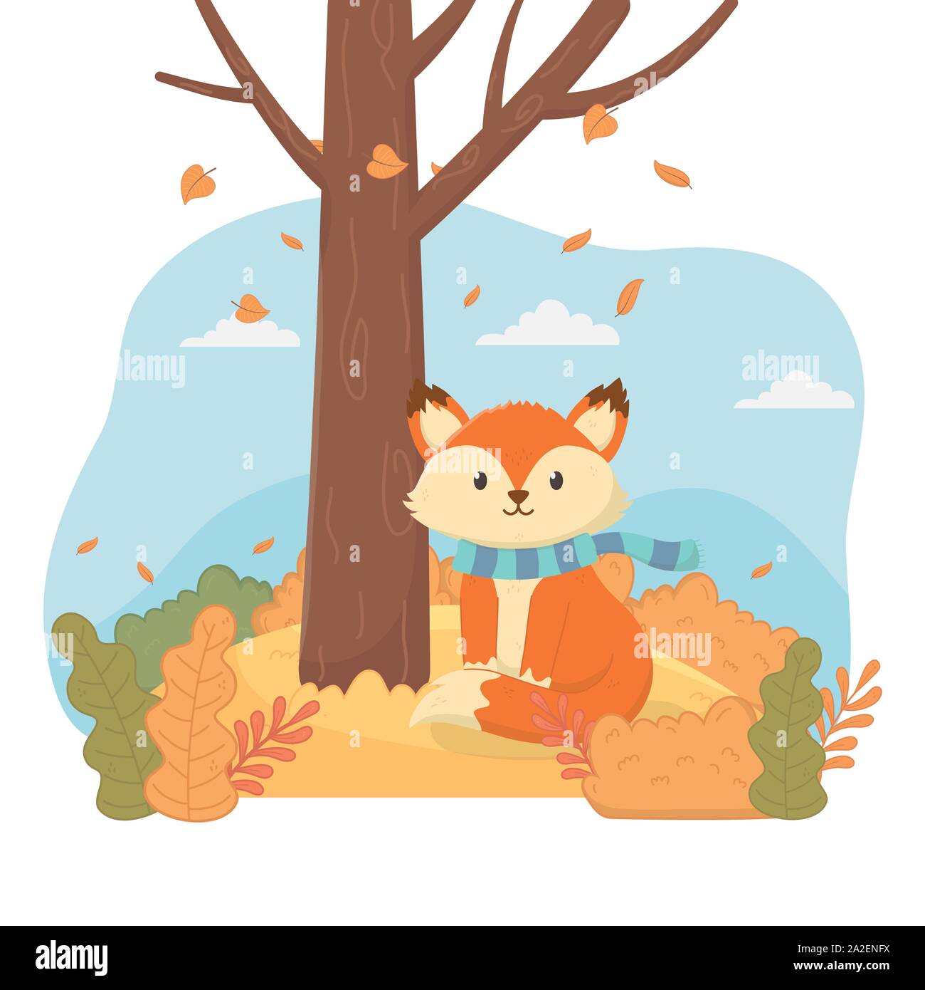 cute fox with scarf forest tree foliage hello autumn vector ...