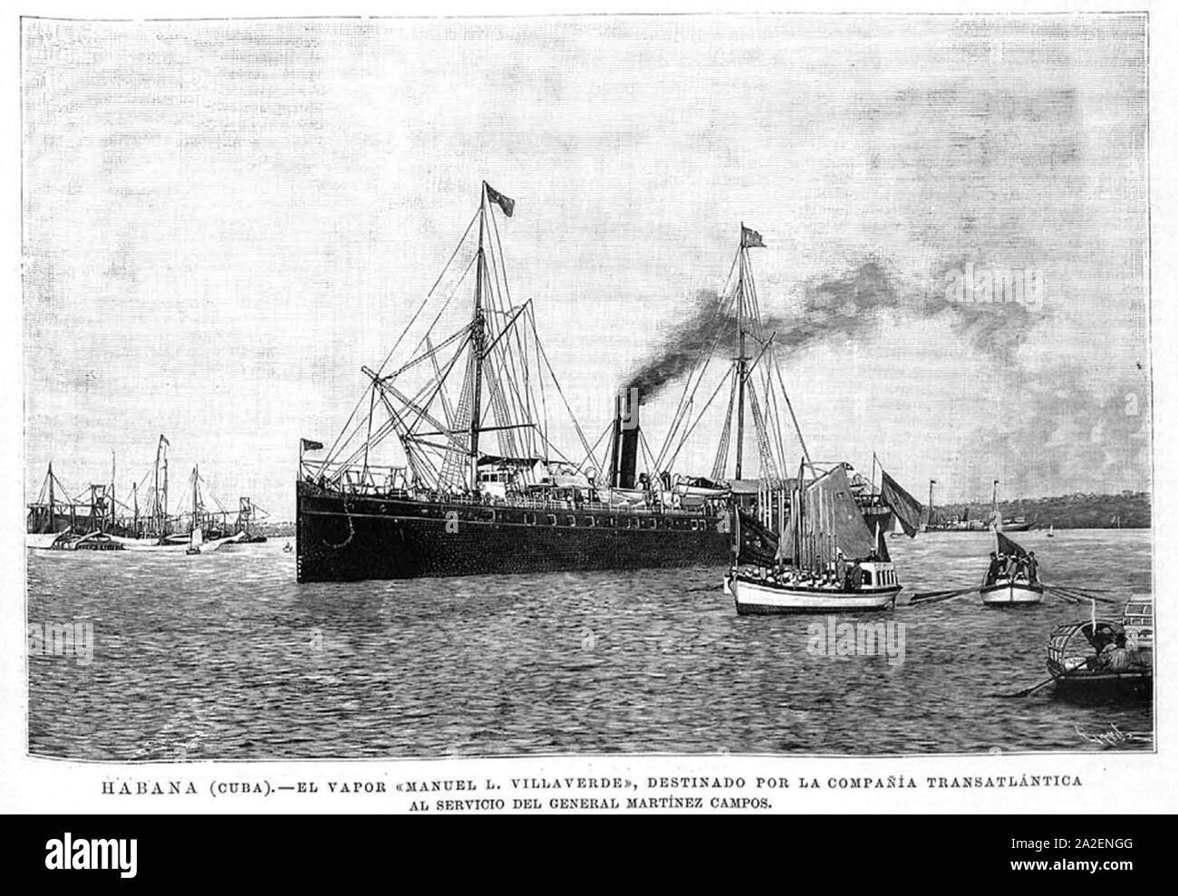 El vapor «Manuel L Villaverde», destinado por la Compañía Transatlántica al servicio del genral Martínez Campos, La Habana. Stock Photo
