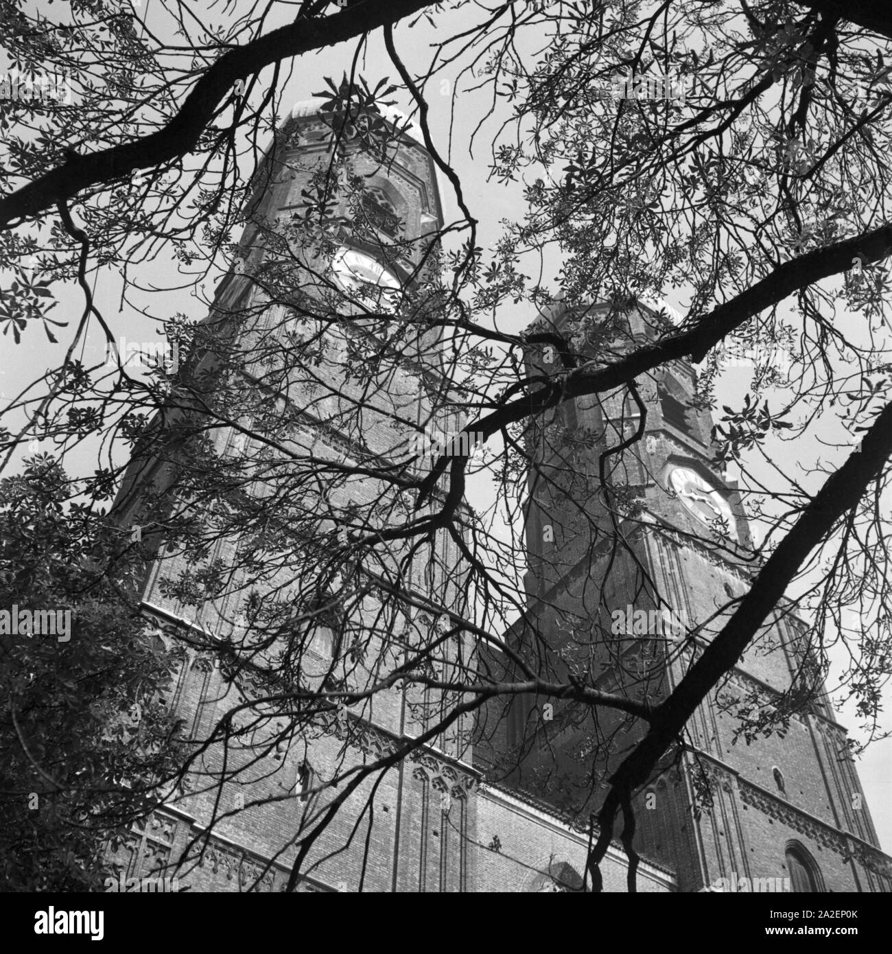 Die beiden Türme der Frauenkirche in München durch eine Baumkrone gesehen, Deutschland 1930er Jahre. The twin belfries of Munich Frauenkirche church, seen through a treetop, Germany 1930s. Stock Photo