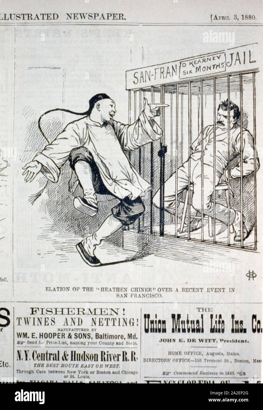 Elation of the ‘heathen Chinee‘ over a recent event in San Francisco (caricature of a Chinese man pointing and laughing at Denis Kearney in San Francisco jail) Stock Photo