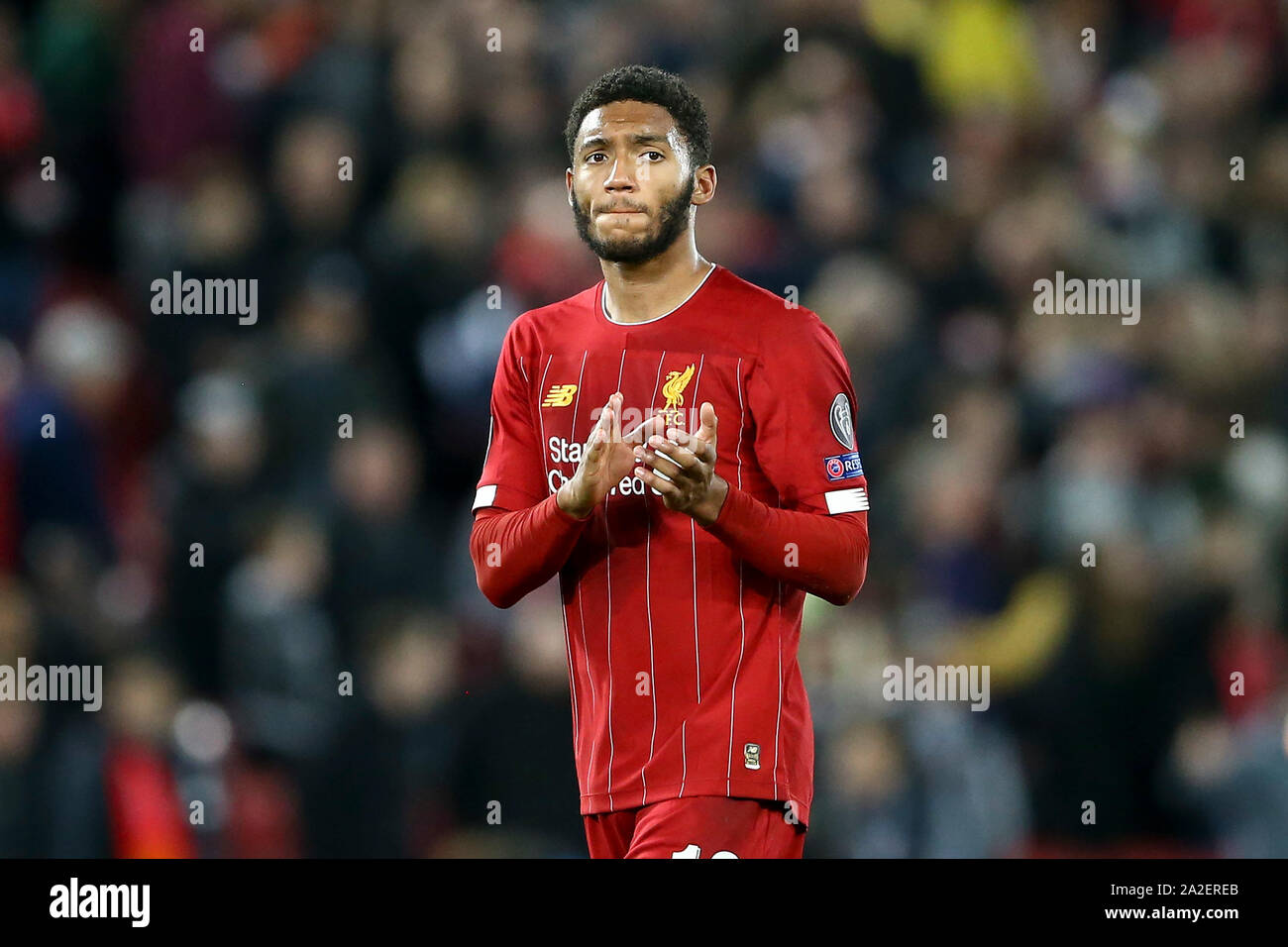 Liverpool, UK. 02nd Oct, 2019. Joe Gomez of Liverpool shows his appreciation to the fans after the final whistle. UEFA Champions league group E match, Liverpool v FC Red Bull Salzburg at Anfield Stadium in Liverpool on Wednesday 2nd October 2019. this image may only be used for Editorial purposes. Editorial use only, license required for commercial use. No use in betting, games or a single club/league/player publications. pic by Chris Stading/Andrew Orchard sports photography/Alamy Live news Credit: Andrew Orchard sports photography/Alamy Live News Stock Photo