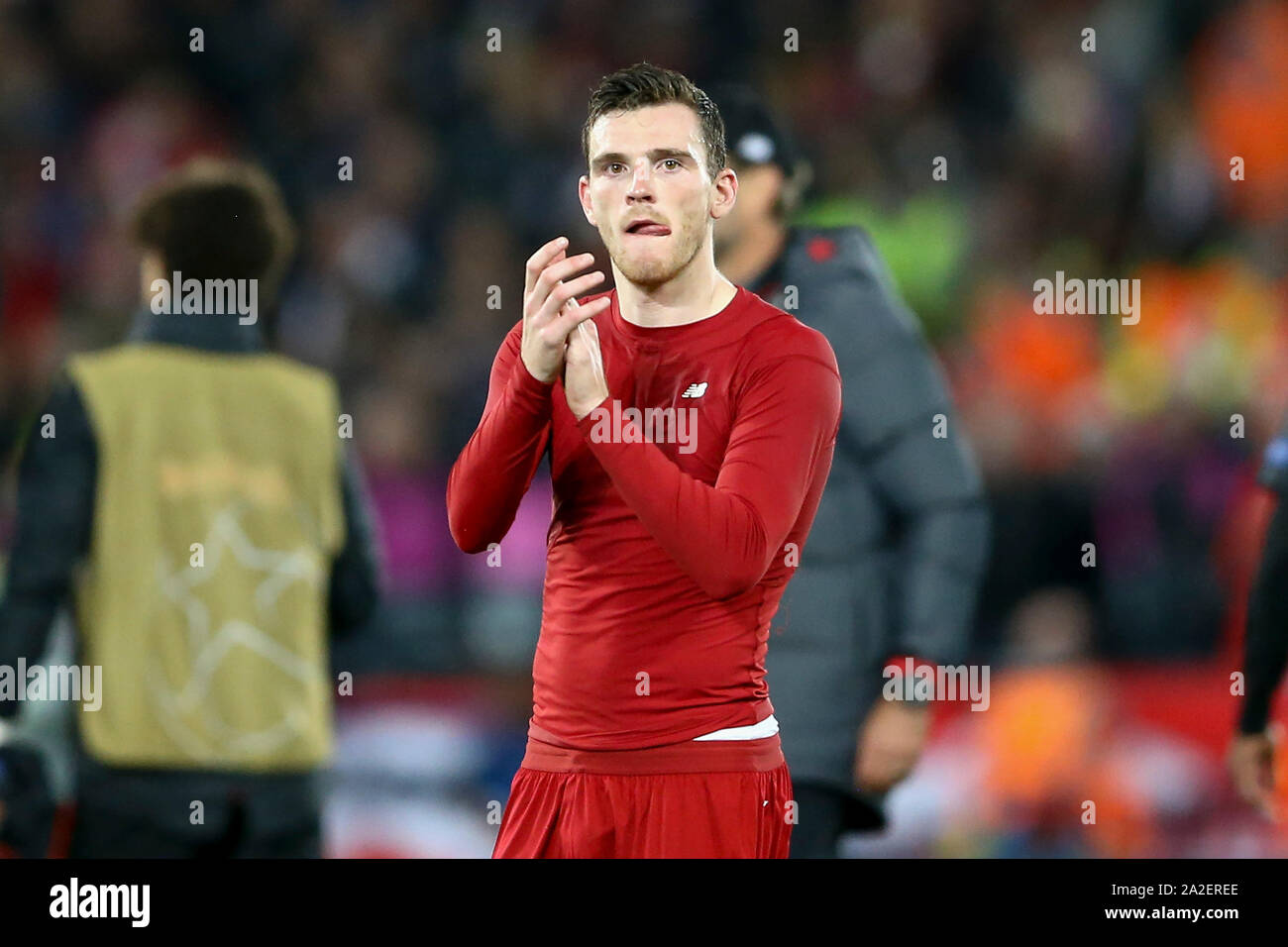 Liverpool, UK. 02nd Oct, 2019. Andrew Robertson of Liverpool shows his appreciation to the fans after the final whistle. UEFA Champions league group E match, Liverpool v FC Red Bull Salzburg at Anfield Stadium in Liverpool on Wednesday 2nd October 2019. this image may only be used for Editorial purposes. Editorial use only, license required for commercial use. No use in betting, games or a single club/league/player publications. pic by Chris Stading/Andrew Orchard sports photography/Alamy Live news Credit: Andrew Orchard sports photography/Alamy Live News Stock Photo