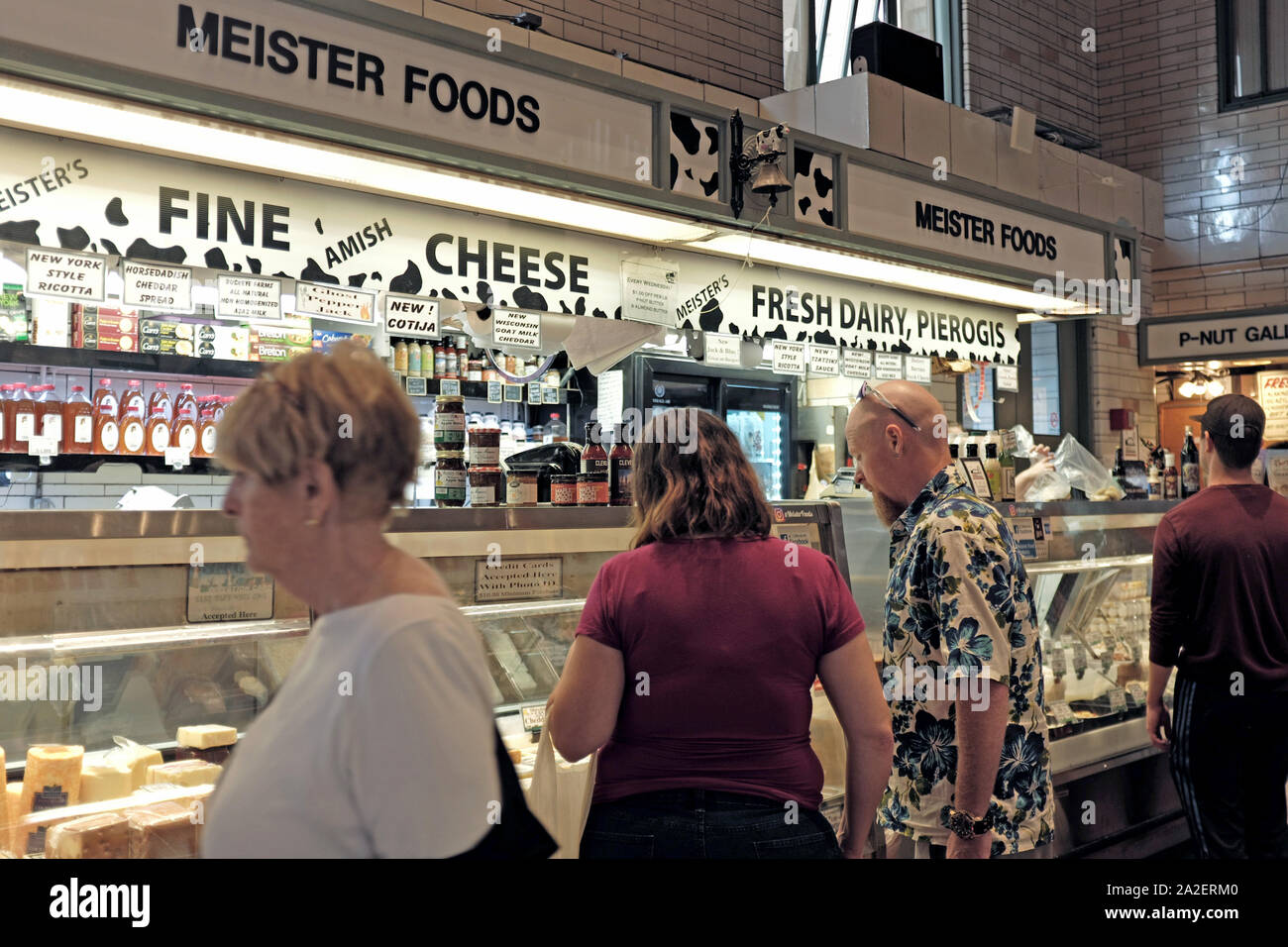 Meister Foods is one of over 100 food stands at the historic Cleveland West Side Market in the Ohio City neighborhood of Cleveland, Ohio, USA. Stock Photo