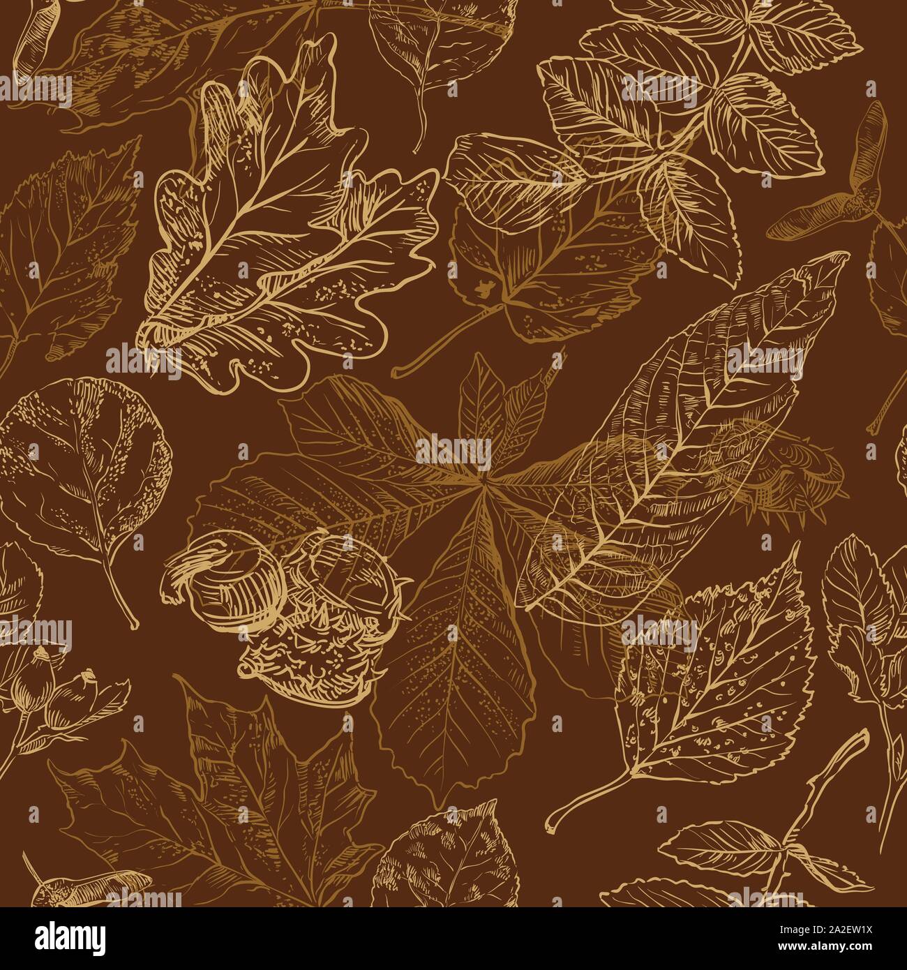 Vector autumn hand drawing seamless pattern with horse chestnut, oak, rose hip, Rowan leaves outline on the brown background. Fall line art of foliage Stock Vector