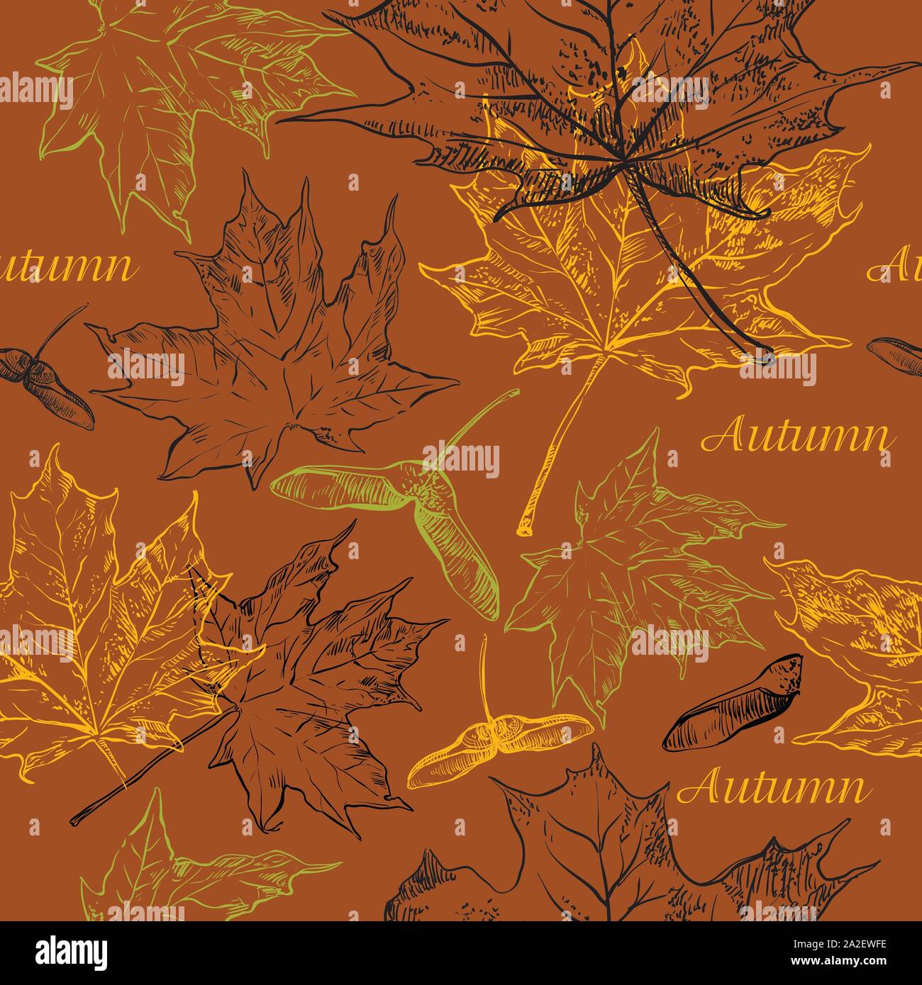 Vector autumn hand drawing seamless pattern with maple tree leaves outline on the brown background. Fall line art of foliage in monochrome colors. sto Stock Vector
