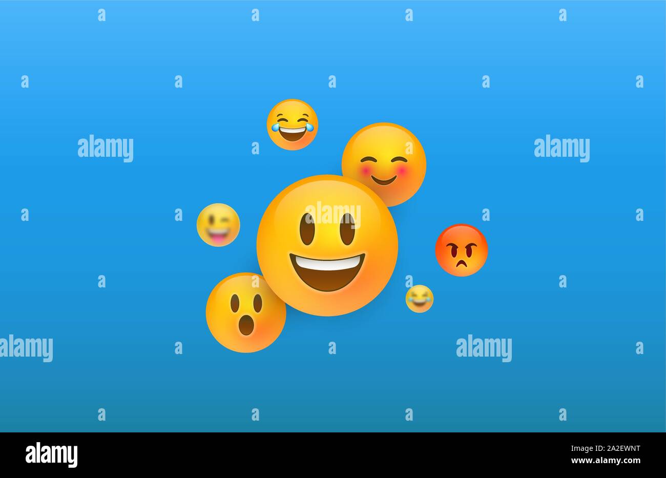 Fun yellow emoticon faces background. 3D social smiley face icons includes happy, cute and funny emotion. Stock Vector