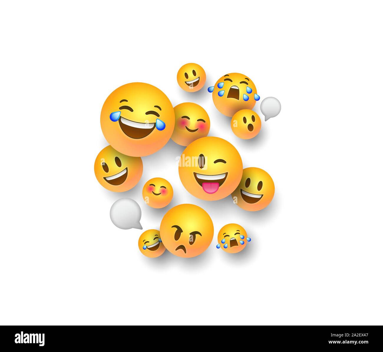 Fun yellow emoticon icons on isolated white background. Smiley faces in 3d style includes chat bubble, happy, cute and funny emotions. Stock Vector