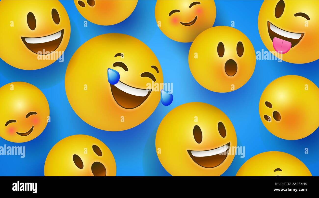 Fun yellow emoticon faces background of online reaction icons. 3D social  smiley face includes happy, cute and funny emotion Stock Vector Image & Art  - Alamy