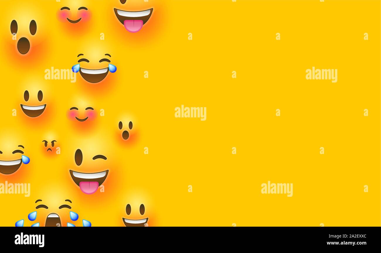 Fun yellow emoticon face background with copy space. Social smiley faces in realistic 3d style includes happy, sad, angry and funny emotion. Stock Vector