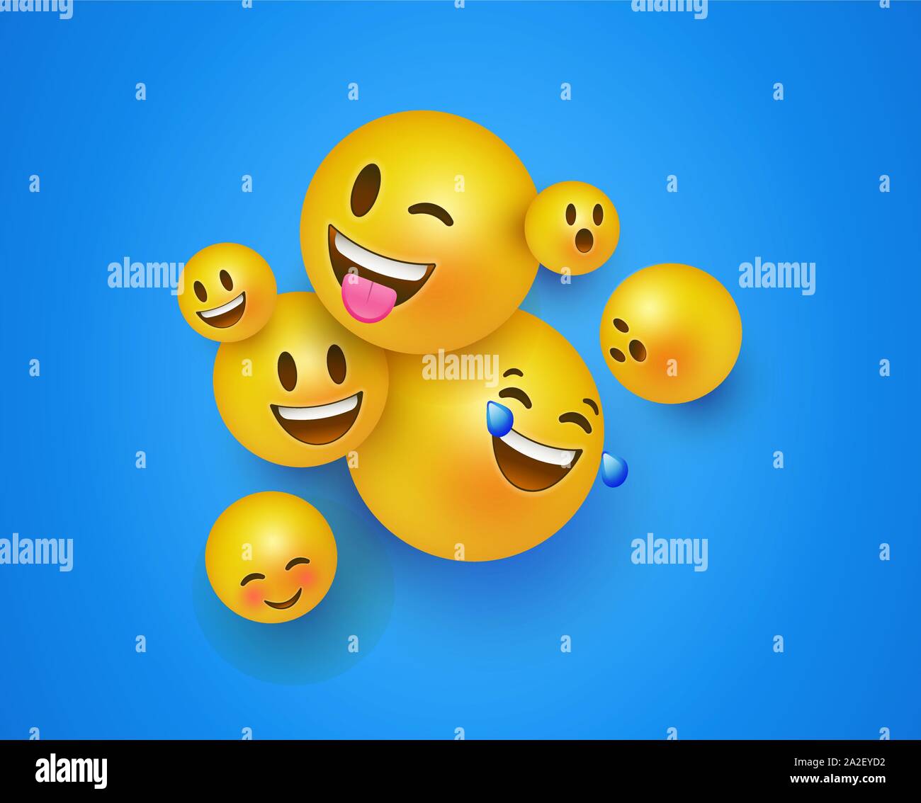 Fun yellow emoticon faces background of online reaction icons. 3D social smiley face includes happy, cute and funny emotion. Stock Vector