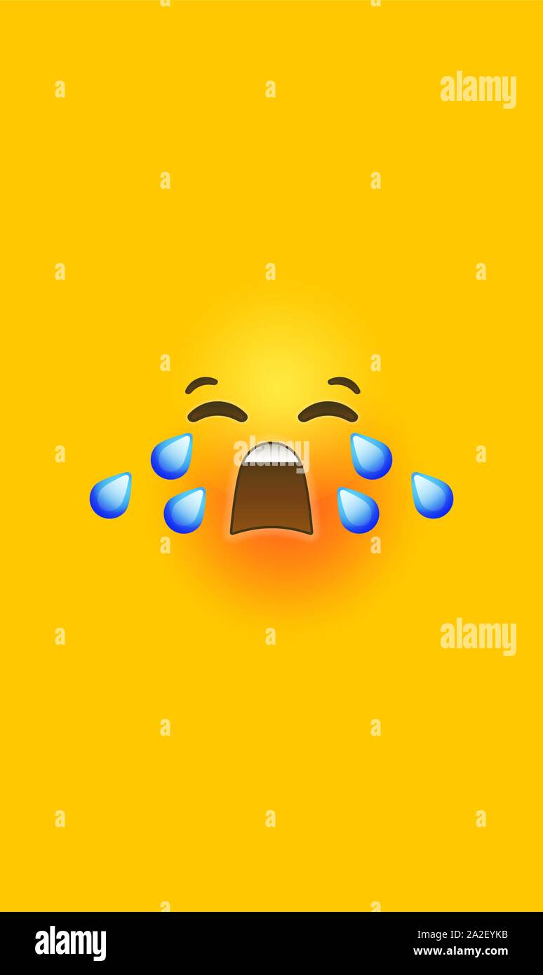 Sad crying 3d smiley face on isolated yellow color background. Modern social chat reaction in vertical mobile phone size, children or teen cry express Stock Vector