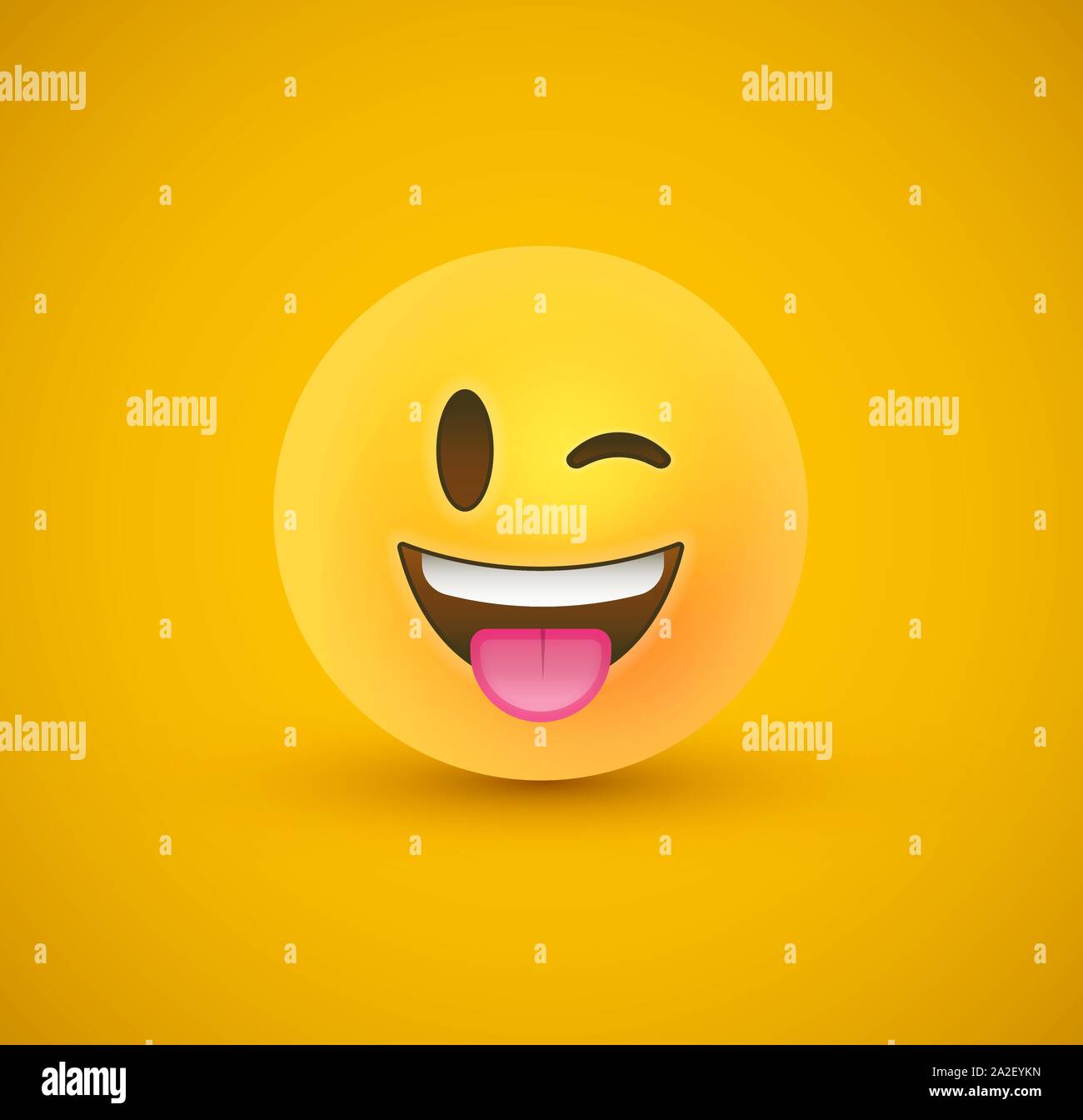 Wink 3d playful smile emoticon face on yellow color background. Modern social reaction for funny children or teen joke expression concept. Realistic c Stock Vector