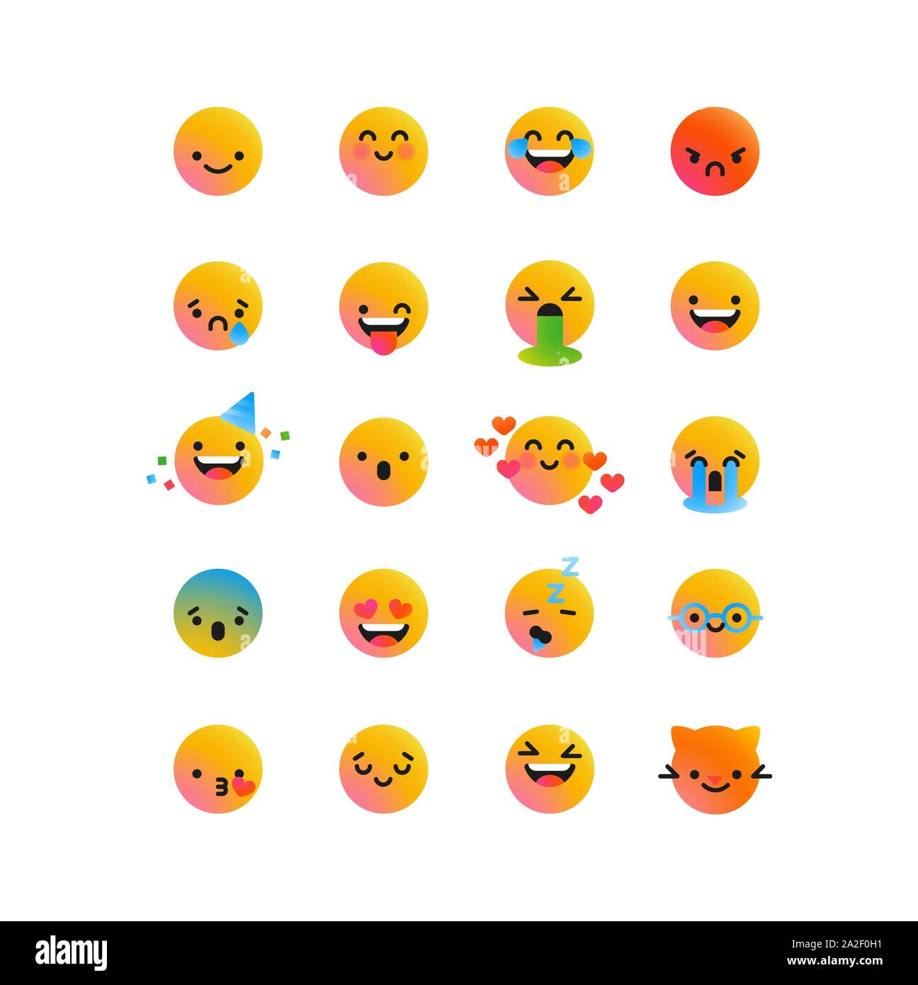 Fun flat yellow smiley face icon set on isolated white background. Diverse cartoon symbol reaction collection for modern teen or children communicatio Stock Vector