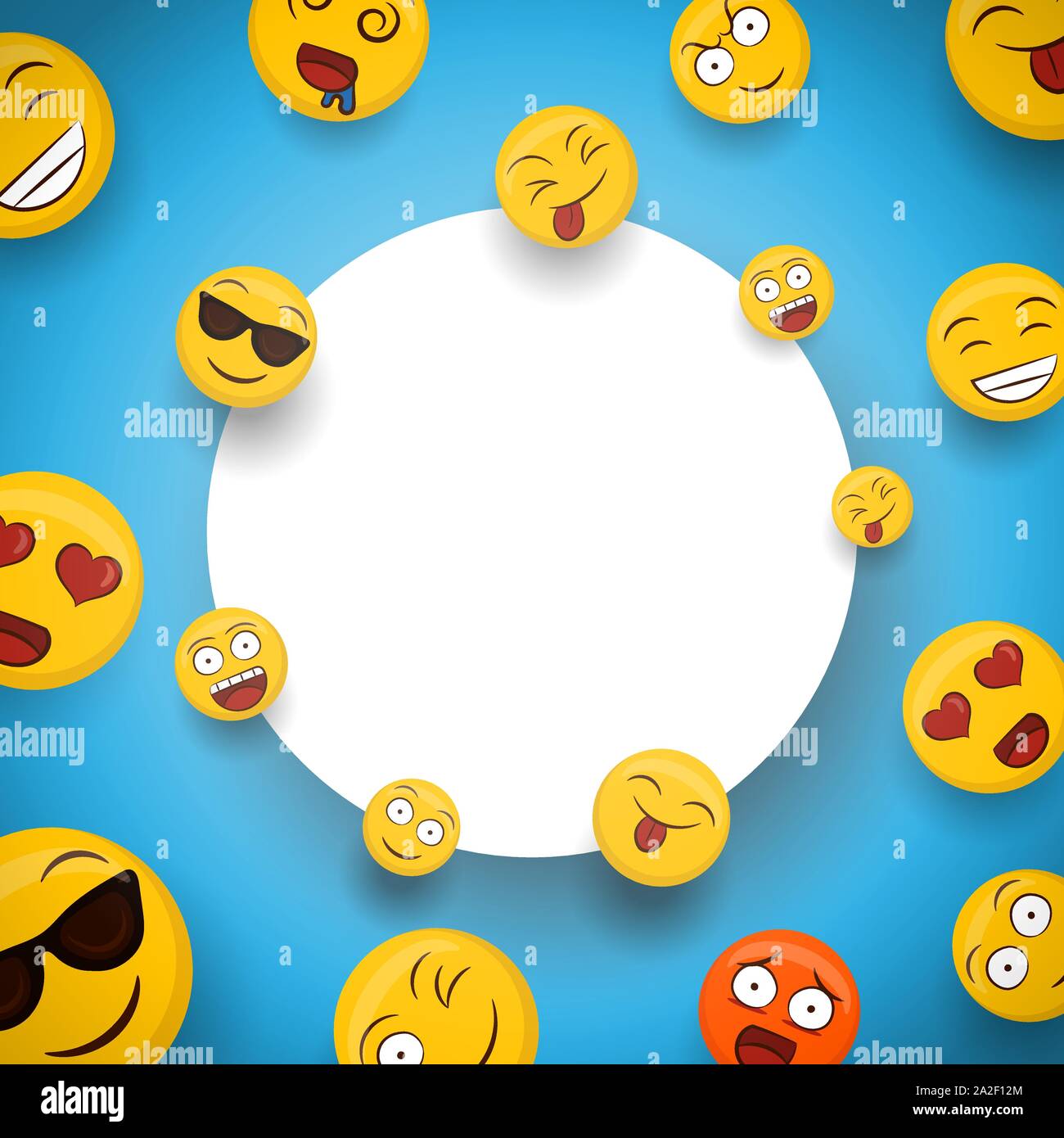 Social yellow emoticon icons on isolated white copy space template. Fun  smiley face cartoons includes happy, cute and funny emotions Stock Vector  Image & Art - Alamy