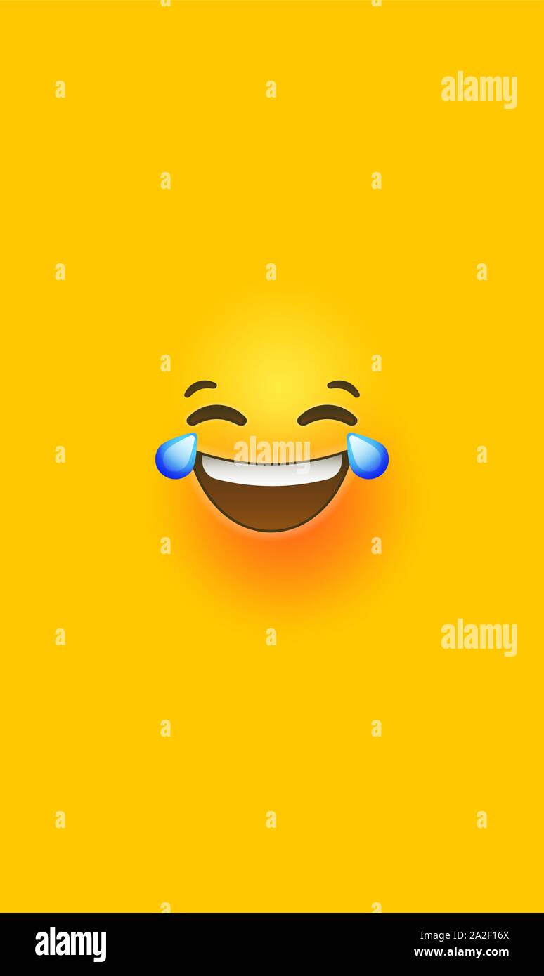 Crying, dying from laughter 3d smiley face smiling on isolated yellow color background. Funny joke social chat reaction in vertical mobile phone size, Stock Vector