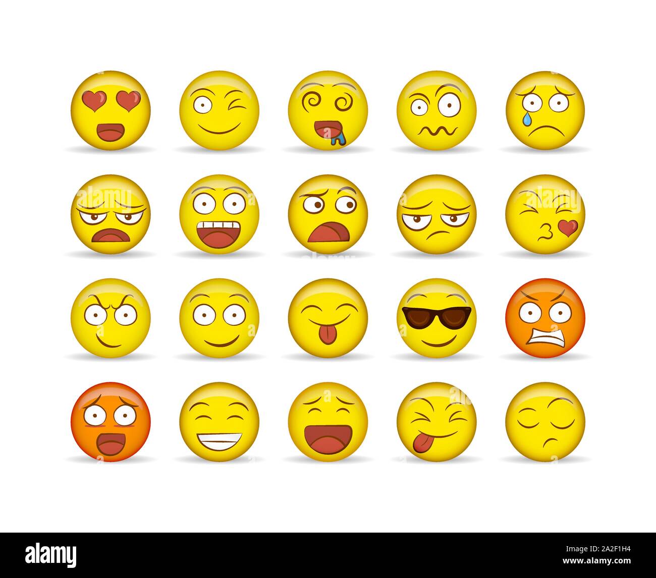 Fun yellow smiley face icon set on isolated white background. Diverse social reaction collection for modern teen or children communication concept. Stock Vector